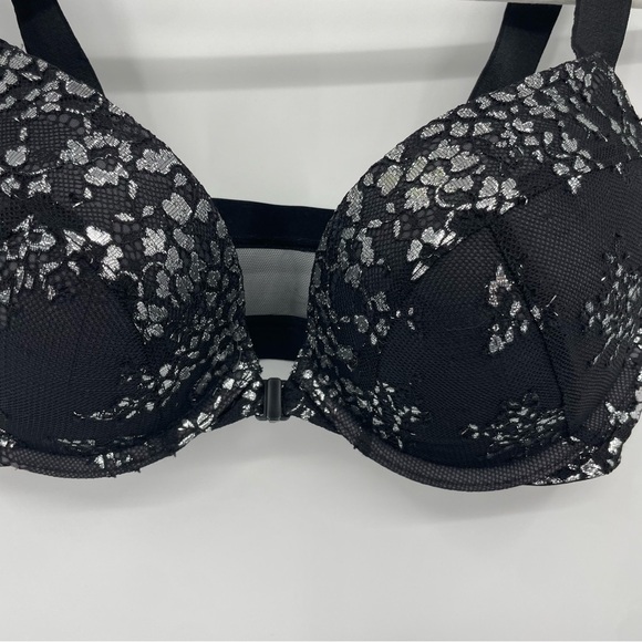 Victoria’s Secret Very Sexy Push-Up Bra black silver floral lace Sz 32D - Picture 2 of 6